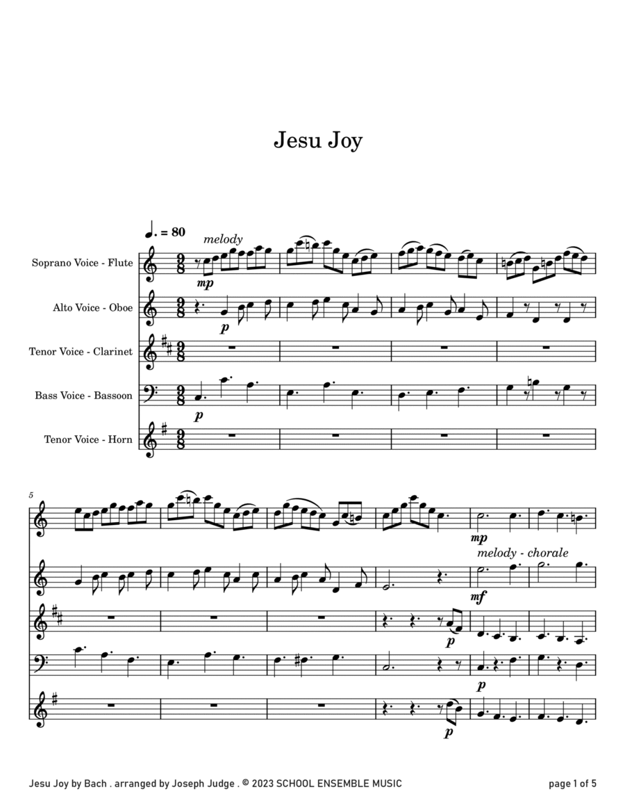Jesu Joy by Bach for Woodwind Quartet in Schools Woodwind Quartet scores gallery preview page 1