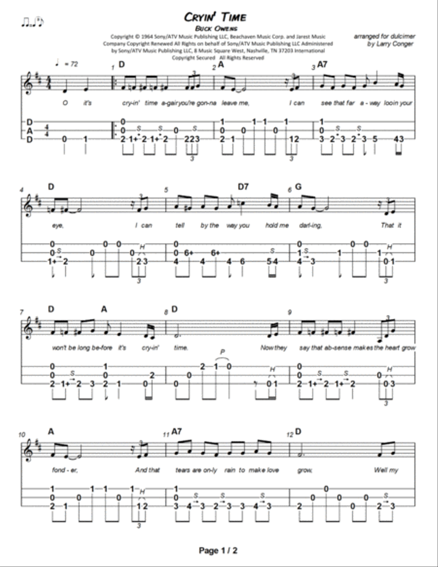 Cryin' Time Dulcimer scores gallery preview page 2