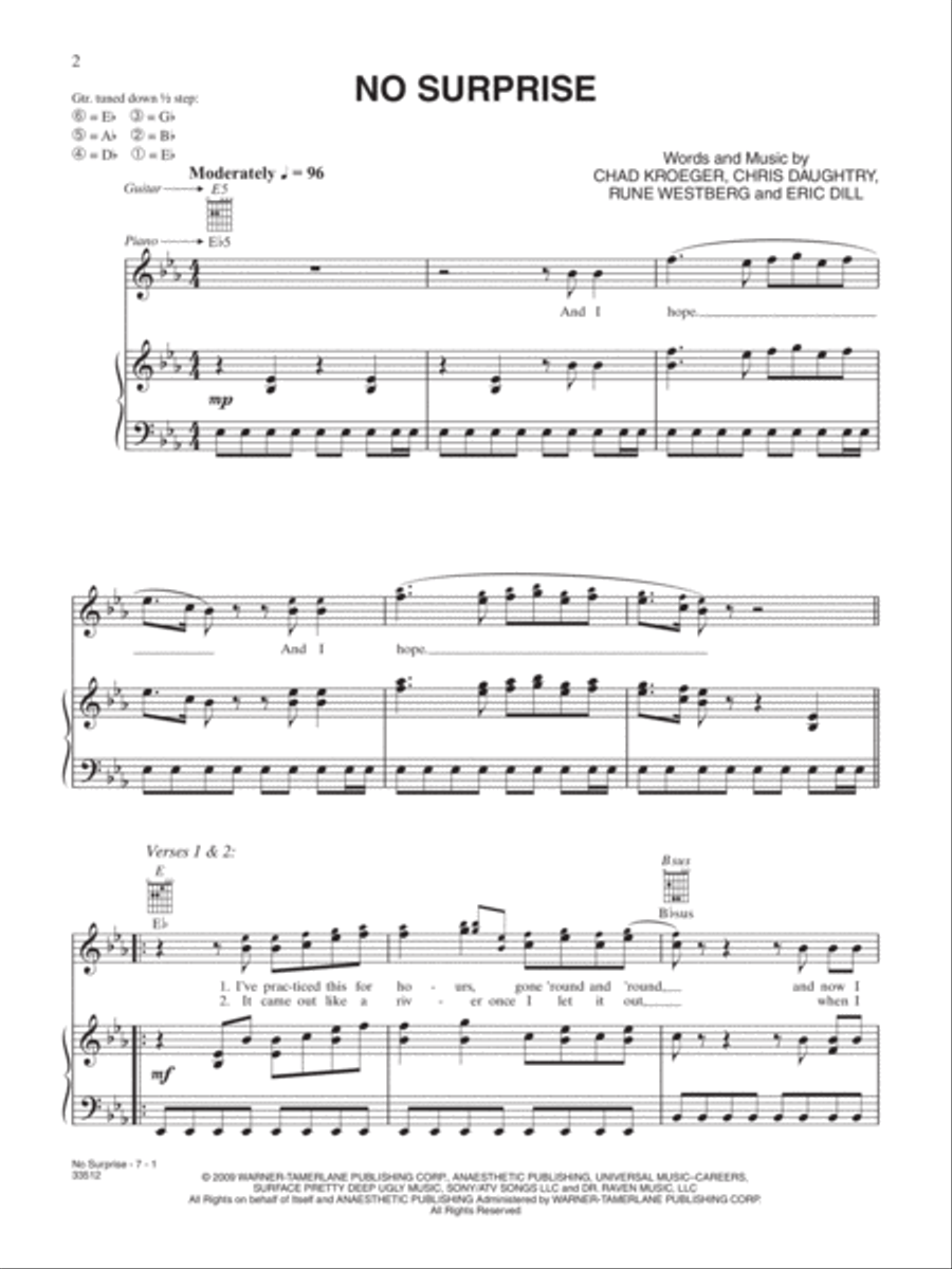 No Surprise No Surprise Piano, Vocal, Guitar scores gallery preview page 1
