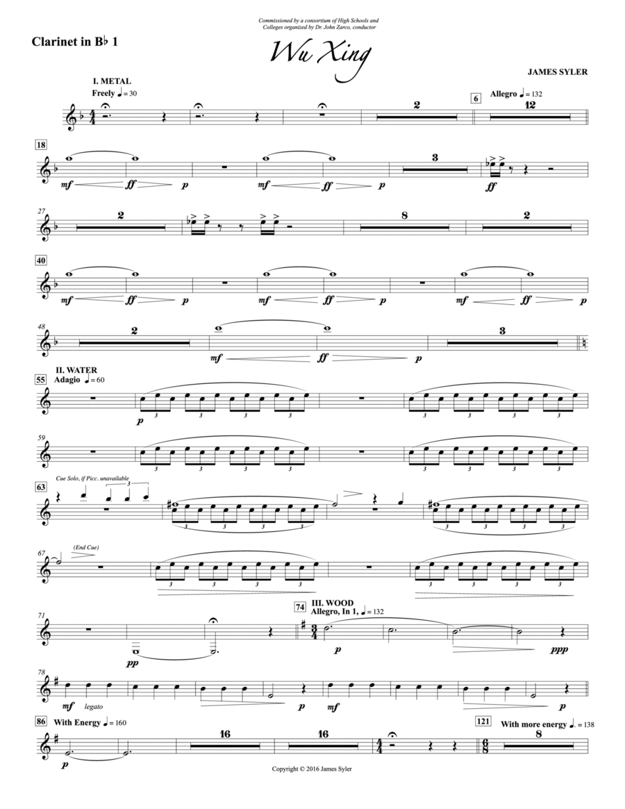 Wu Xing: 1st B-flat Clarinet Concert Band scores gallery preview page 1