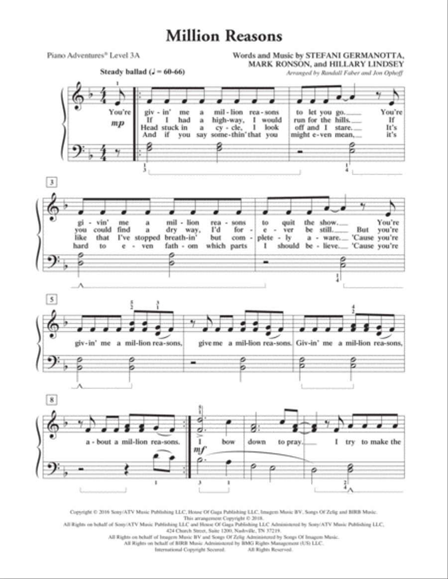 Million Reasons Piano Method scores gallery preview page 1