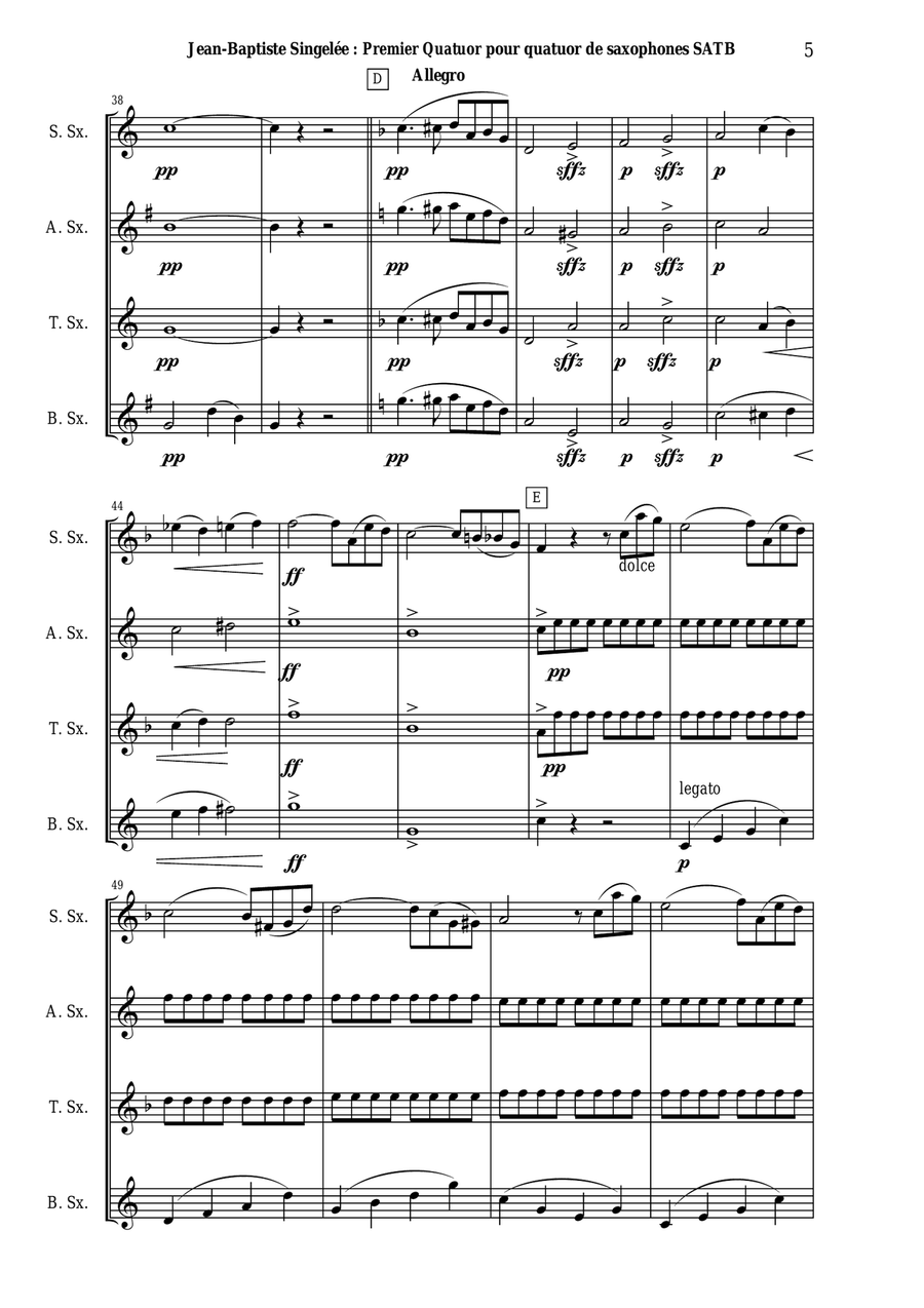 Jean-Baptiste Singelée: Premier Quatuor opus 53 pour quatuor de saxophones SATB ou ensemble de saxo Woodwind Quartet scores gallery preview page 5