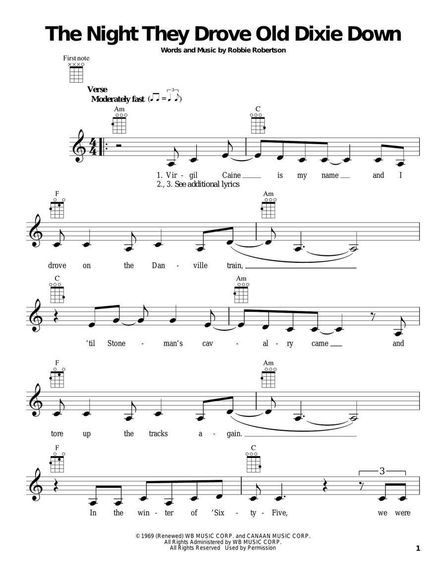 The Night They Drove Old Dixie Down Ukulele scores gallery preview page 1