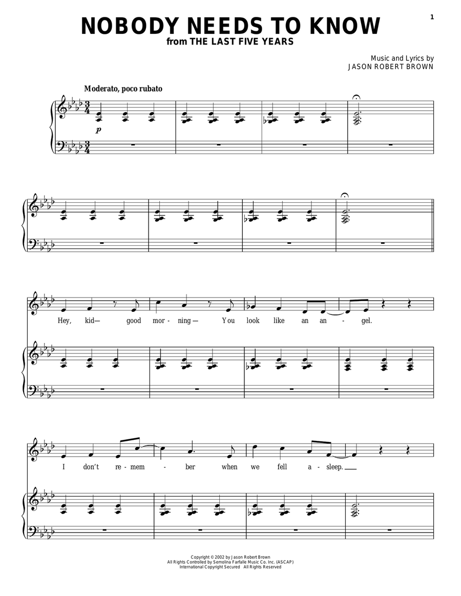 Nobody Needs To Know (from The Last 5 Years) Piano, Vocal, Guitar scores gallery preview page 1