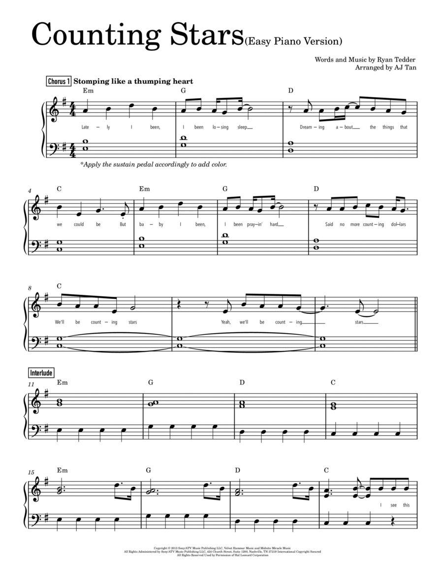 Counting Stars Easy Piano scores gallery preview page 1