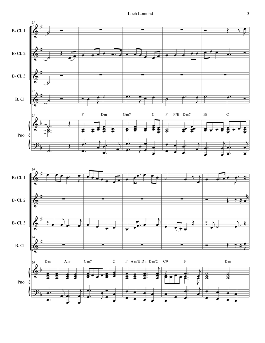 Loch Lomond (Clarinet Choir and Piano) Clarinet Choir scores gallery preview page 3