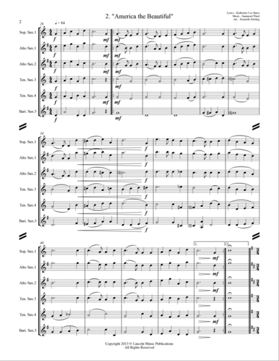 The U.S. National Anthem and The Americas (for Saxophone Quintet SATTB or AATTB) Saxophone Quintet scores gallery preview page 3