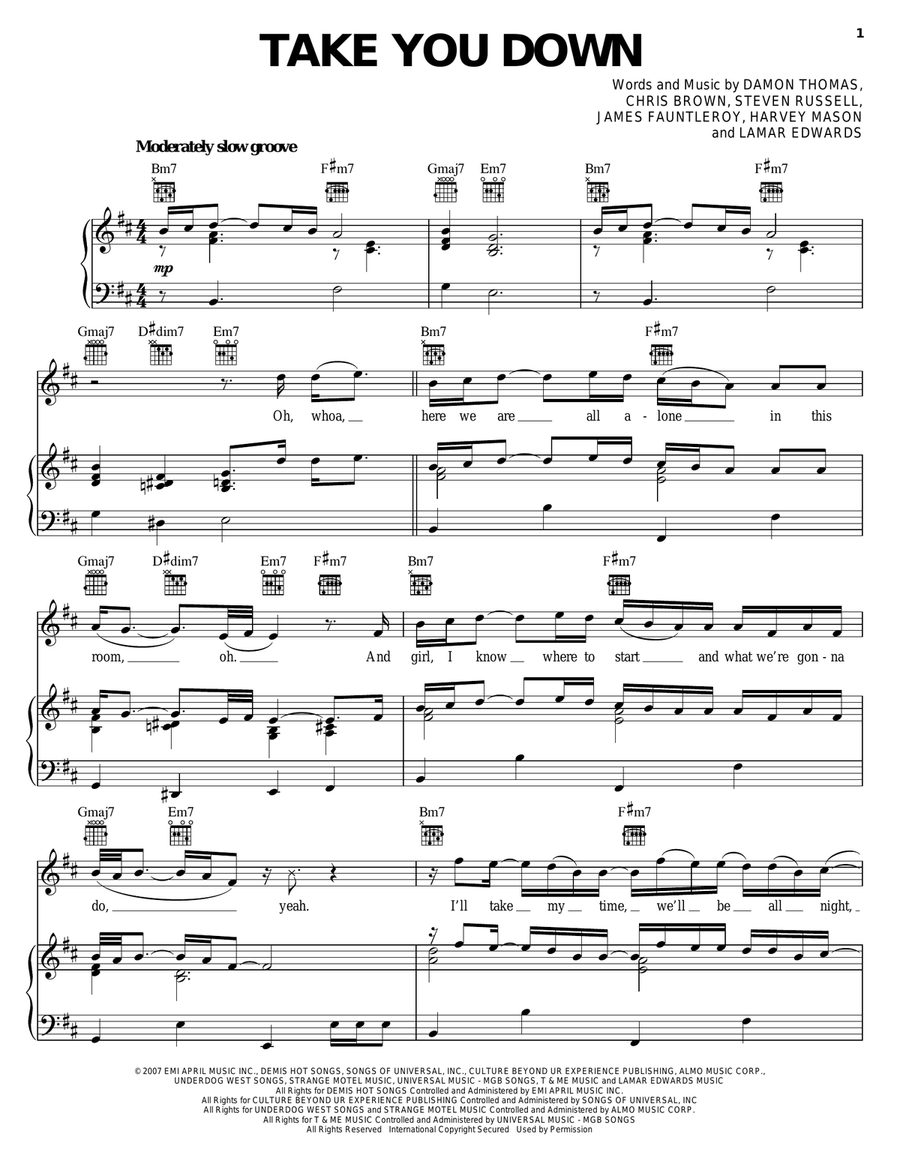 Take You Down Piano, Vocal, Guitar scores gallery preview page 1