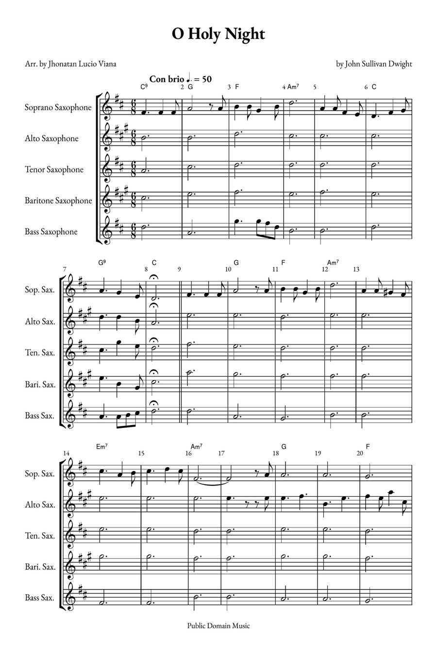 O Holy Night Saxophone Quintet scores gallery preview page 1