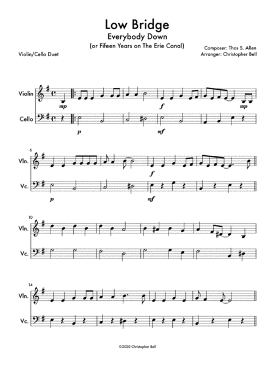 Low Bridge (Fifteen Miles on the Erie Canal) - Violin/Cello Duet String Duet scores gallery preview page 1