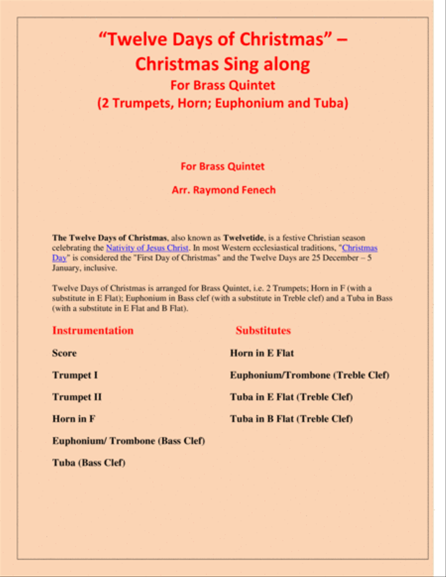 Twelve Days of Christmas - Christmas Sing along (For Brass Quintet - 2 Trumpets, Horn, Euphonium and Brass Quintet scores gallery preview page 2