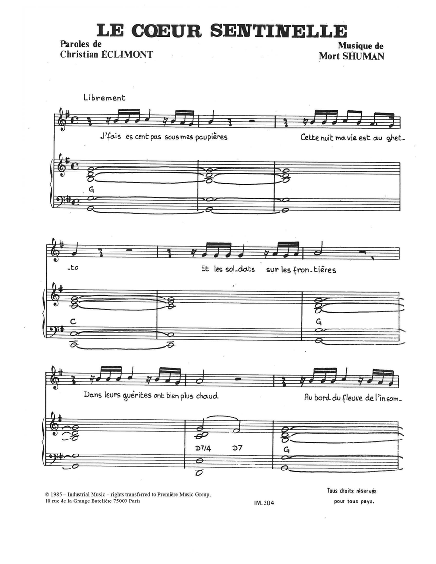 Le Coeur Sentinelle Piano, Vocal scores gallery preview page 1