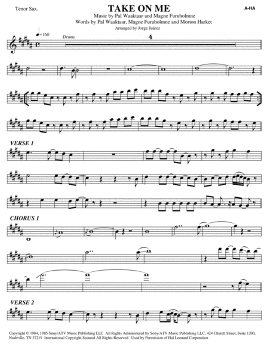 Take On Me Tenor Saxophone scores gallery preview page 1