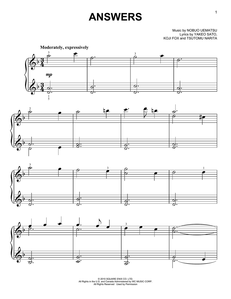 Answers (from Final Fantasy XIV) Easy Piano scores gallery preview page 1