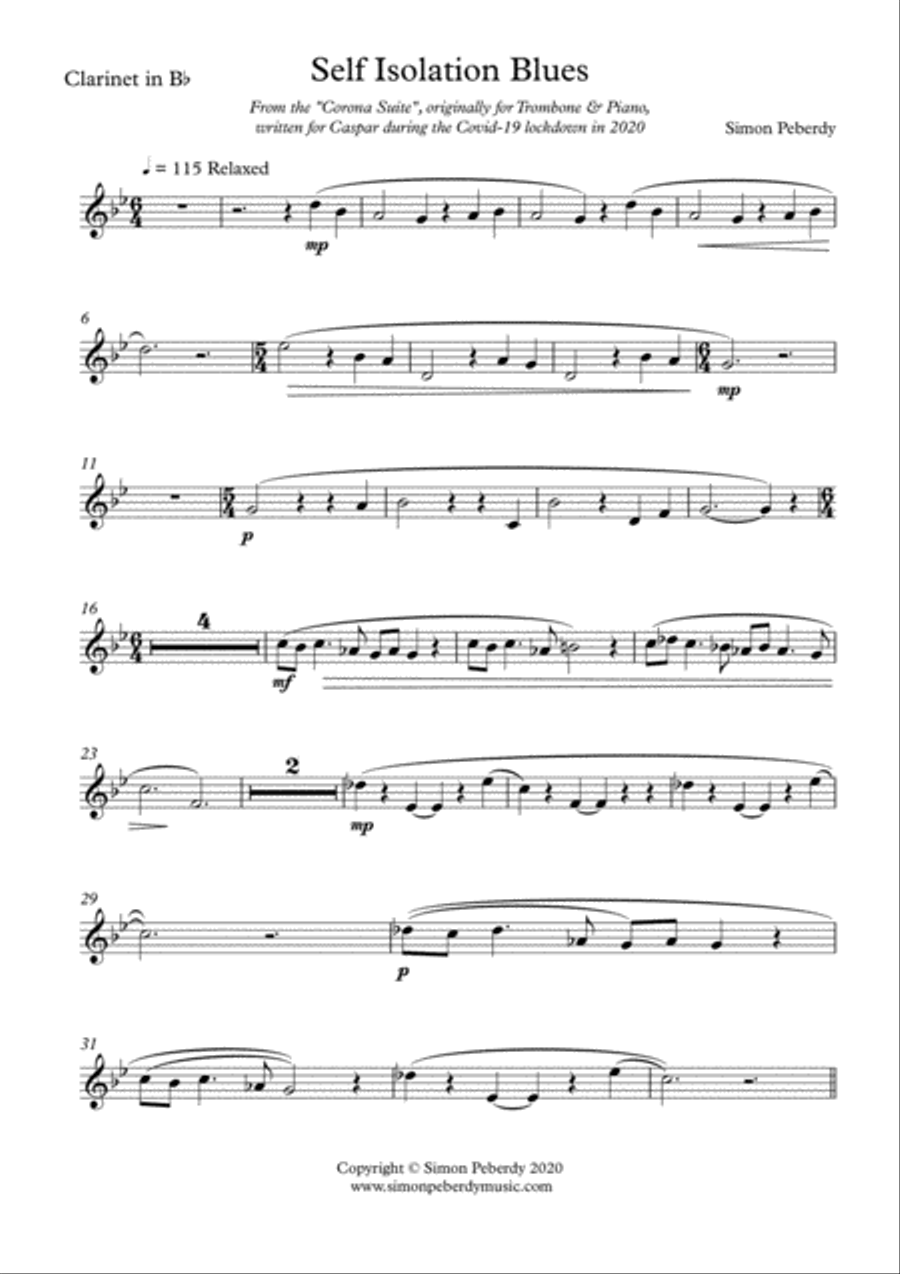 Self Isolation Blues for Clarinet and Piano from the Corona Suite by Simon Peberdy