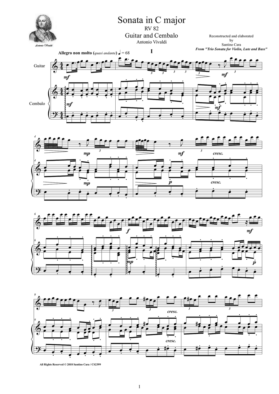 Vivaldi - Sonata in C major RV 82 for Guitar and Cembalo or Piano Classical Guitar scores gallery preview page 1
