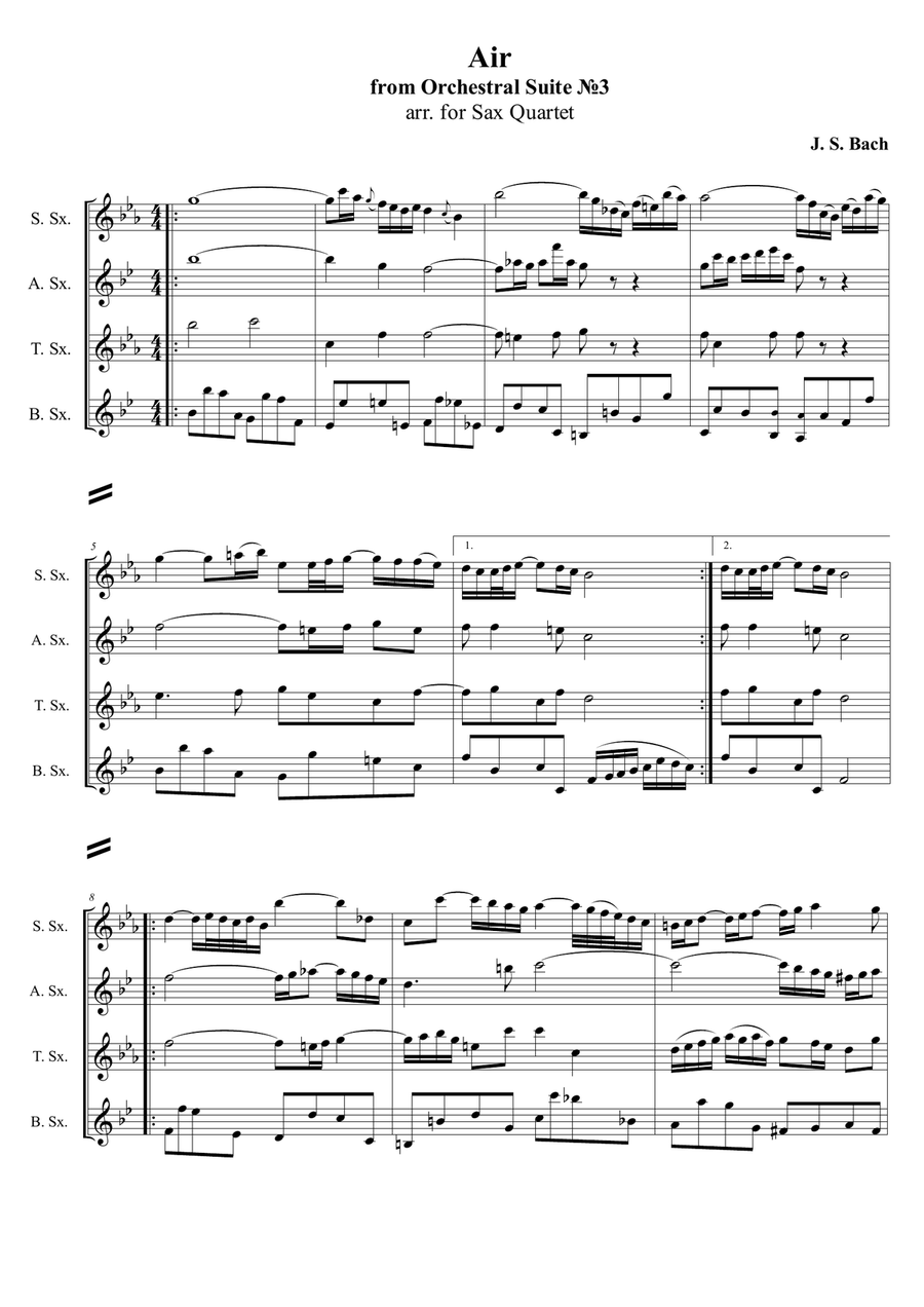 J. S. Bach - Air from Orchestral Suite No.3 in D major, arr. for Sax Quartet Woodwind Quartet scores gallery preview page 1