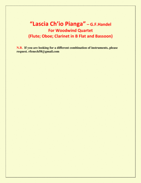 Lascia Ch'io Pianga - From Opera 'Rinaldo' - G.F. Handel (Flute, Oboe, Clarinet in B Flat and Bassoo image number null