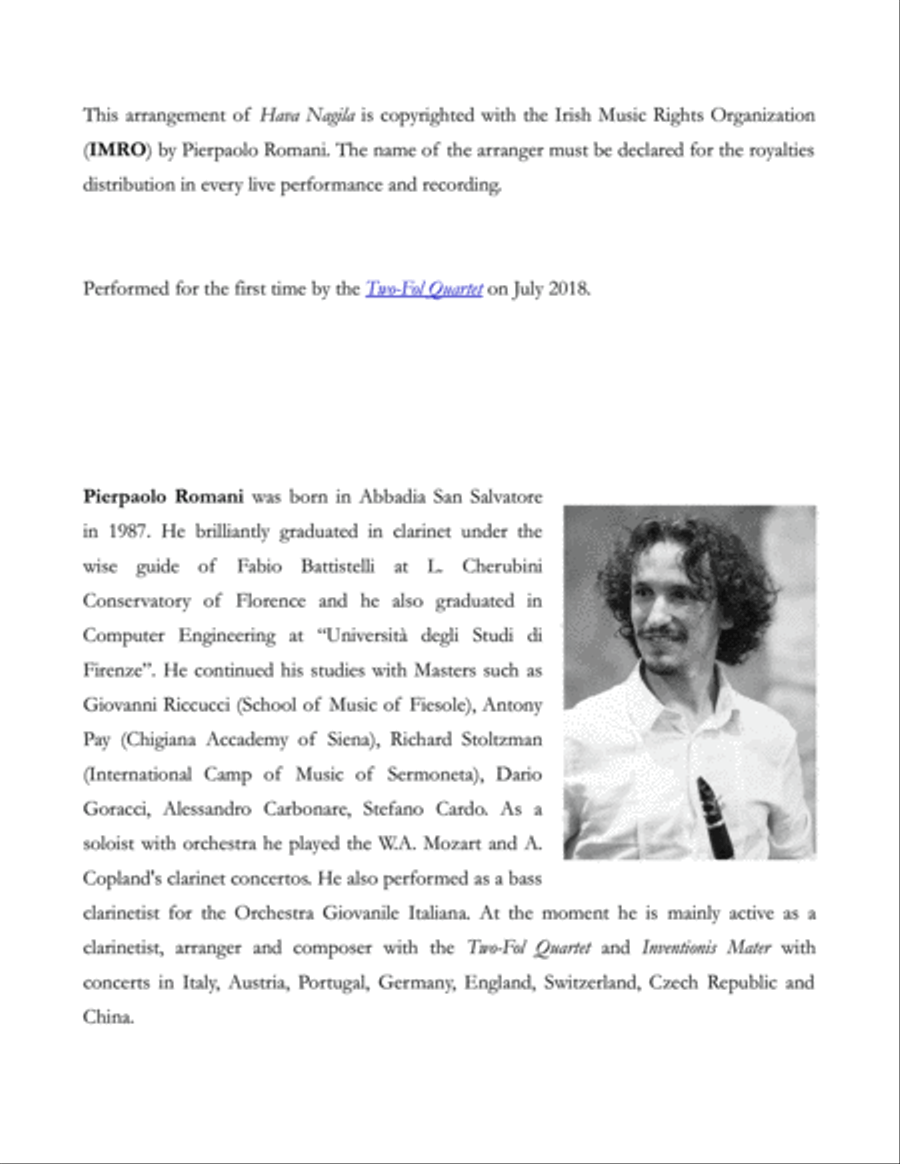 Hava Nagila for Clarinet Quartet Clarinet Quartet scores gallery preview page 2