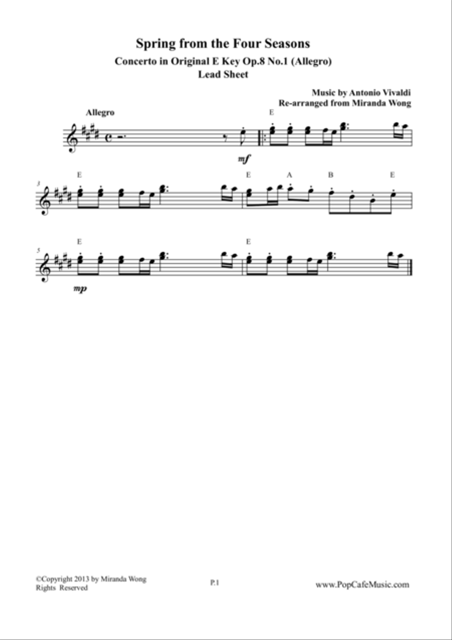 Spring from Four Seasons by Vivaldi - Original E Key (Lead Sheet) Small Ensemble scores gallery preview page 1