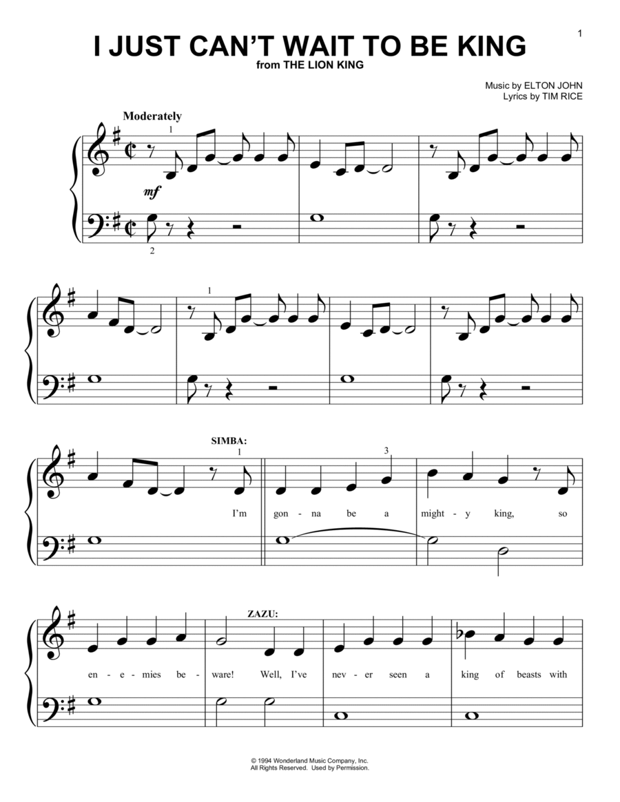 I Just Can't Wait To Be King (from The Lion King 2019) Easy Piano scores gallery preview page 1