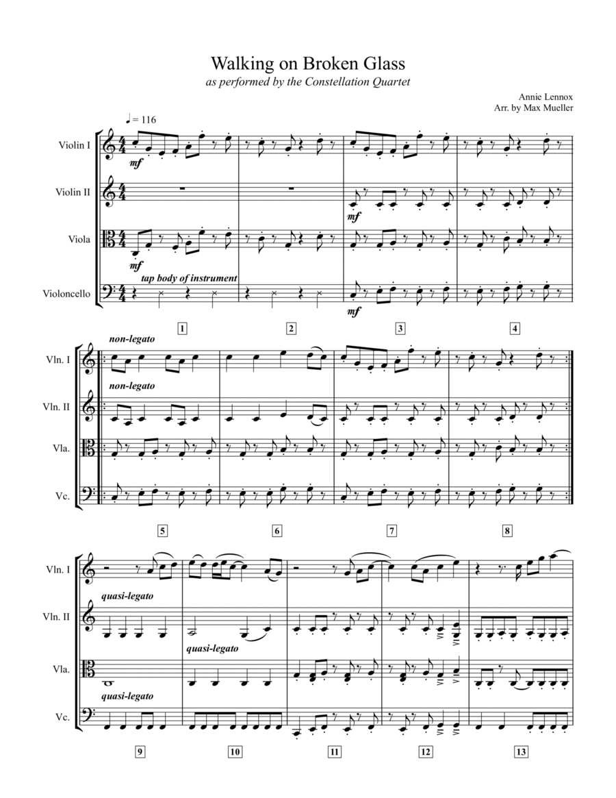 Walking On Broken Glass String Quartet scores gallery preview page 1