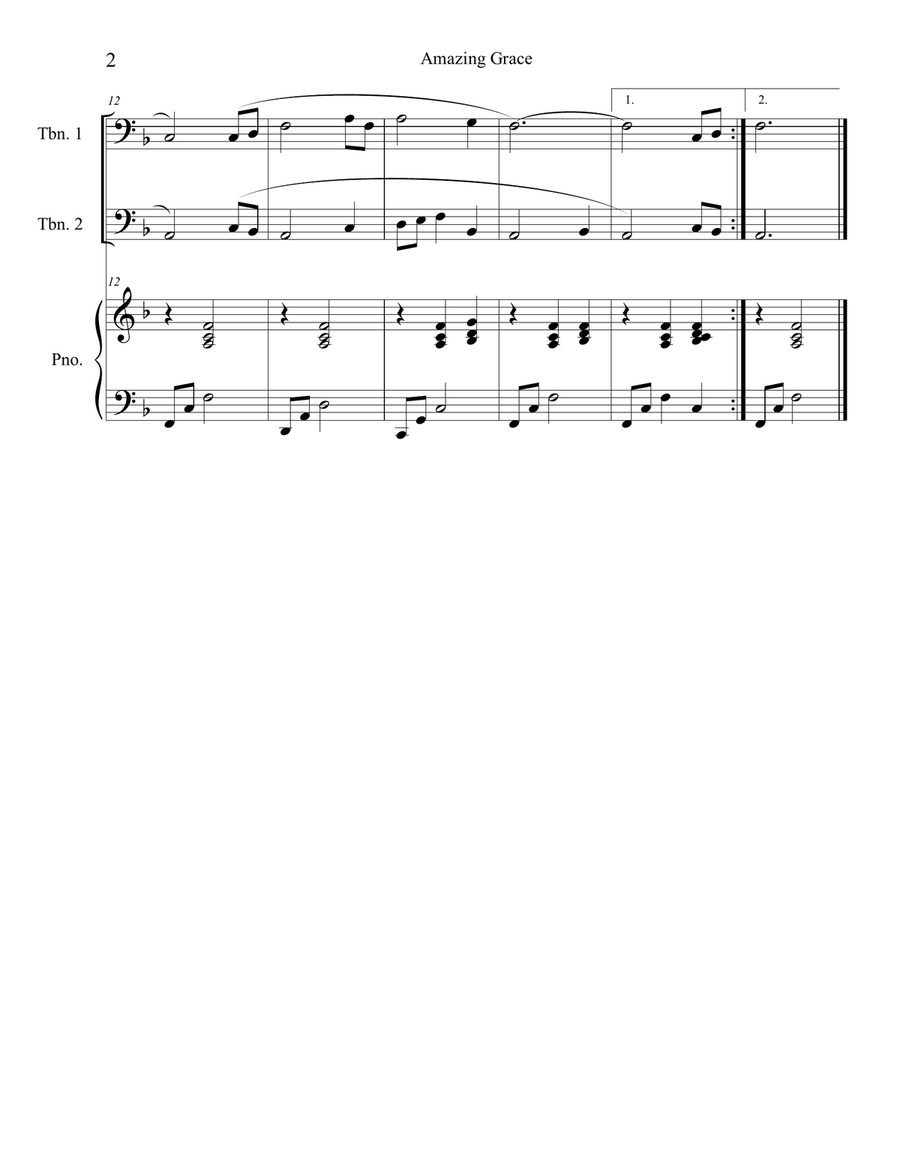 Amazing Grace (trombone duet with piano accompaniment) Trombone Duet scores gallery preview page 2