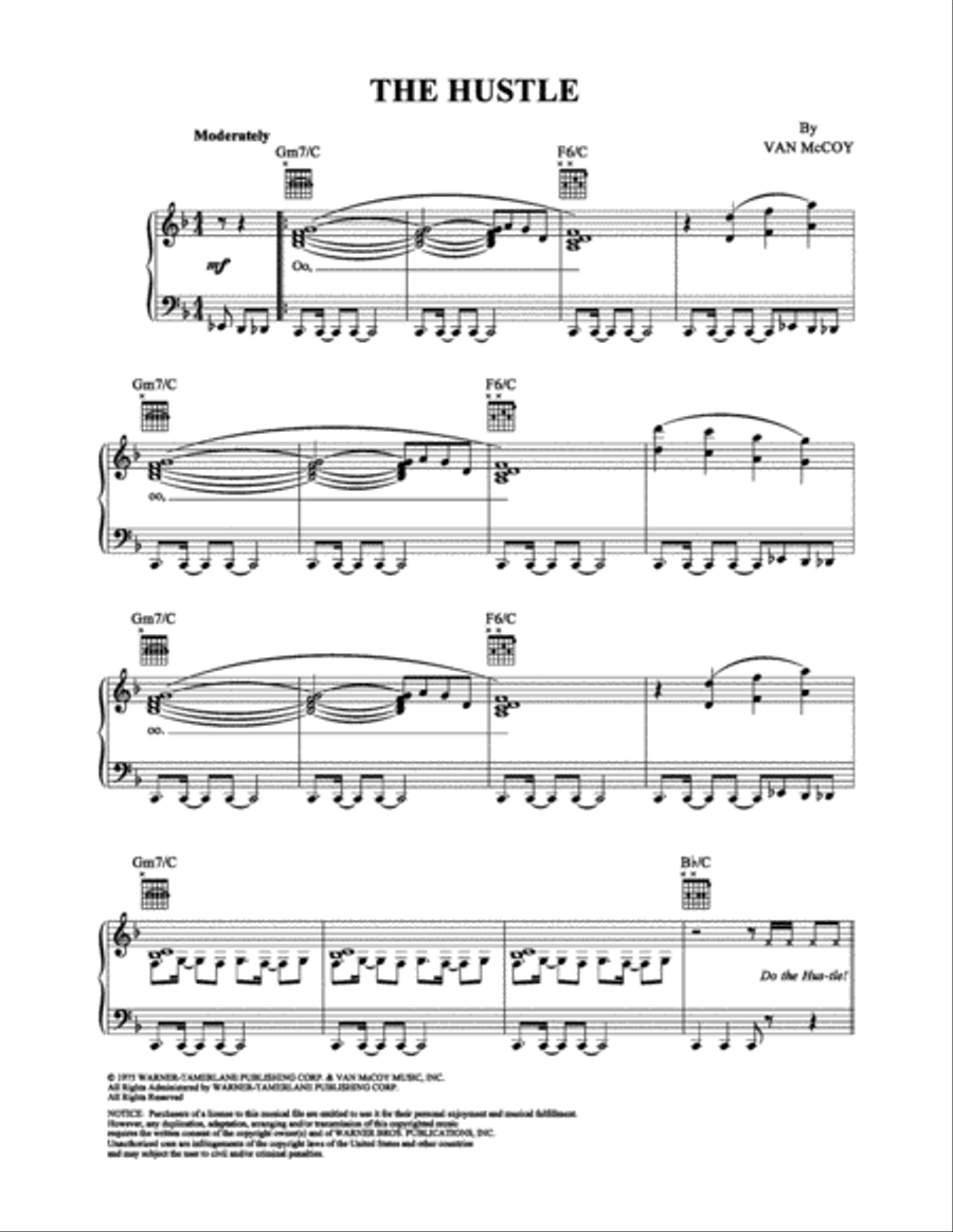 The Hustle Piano, Vocal, Guitar scores gallery preview page 1
