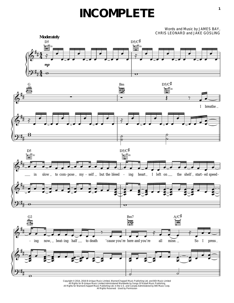Incomplete Piano, Vocal, Guitar scores gallery preview page 1