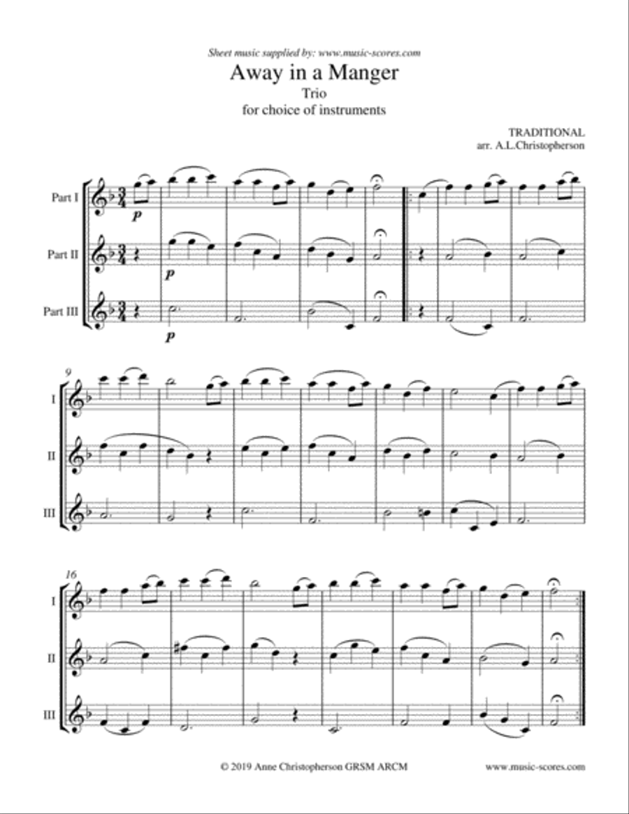 Away in a Manger - Trio for any instruments in Bb, Eb and C C Instrument scores gallery preview page 1
