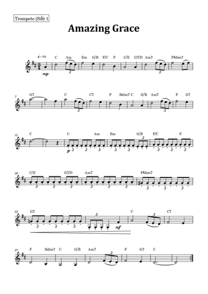 Amazing Grace - Brass Quartet with Chord Notation image number null