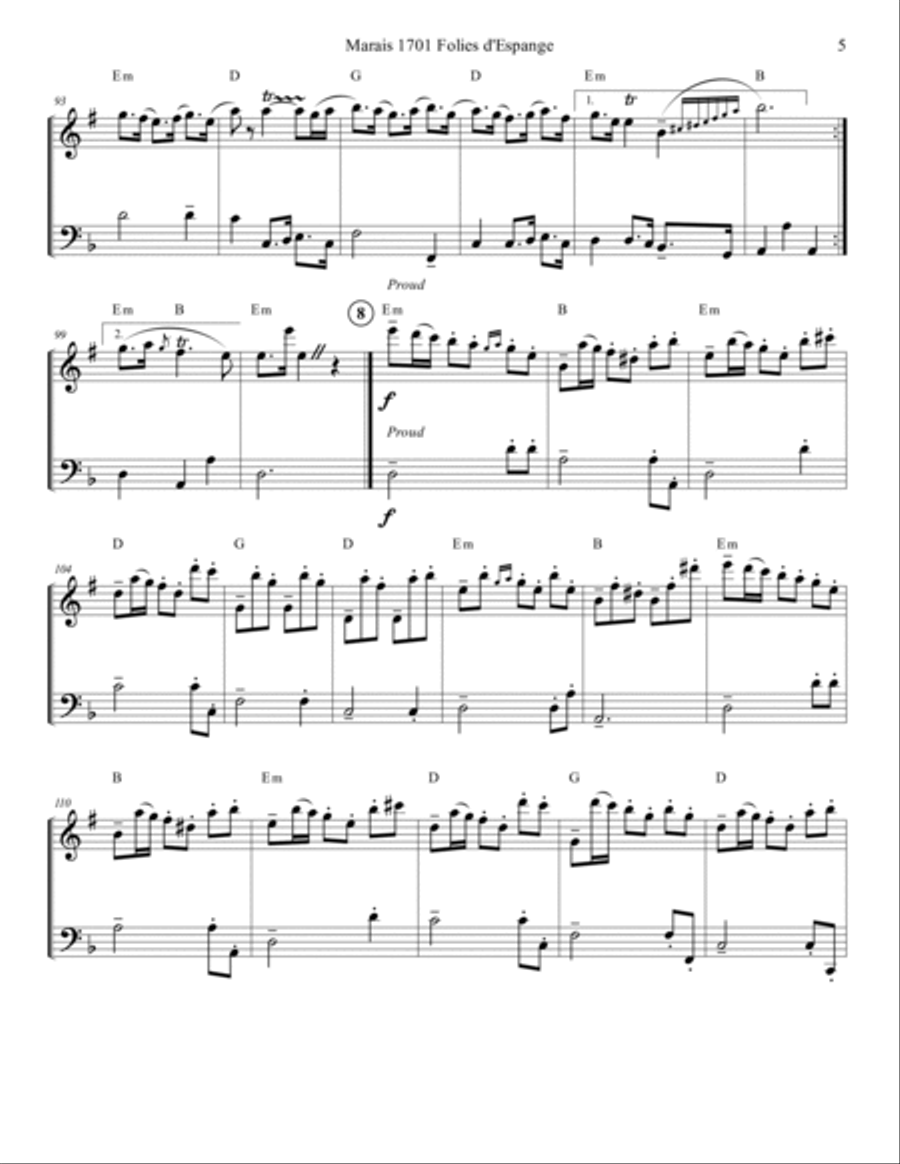 Marais 1701 Folies d'Espagne Flute and Bassoon Duet Score and Parts Flute Duet scores gallery preview page 5