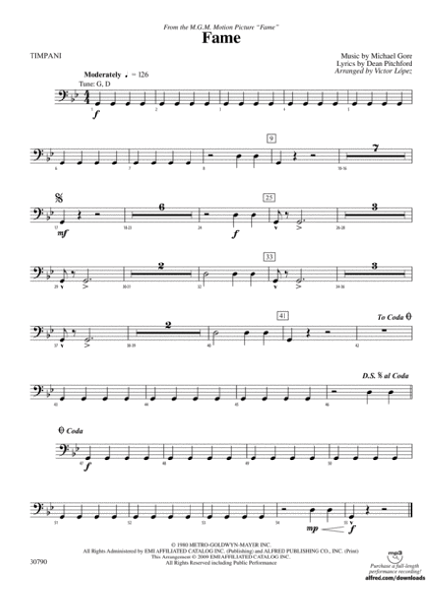 Fame (from the motion picture Fame): Timpani Concert Band scores gallery preview page 1