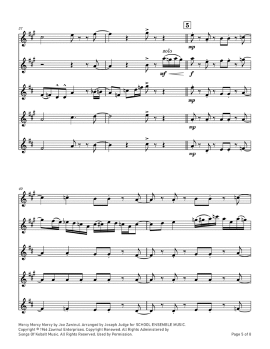 Mercy, Mercy, Mercy Saxophone Quartet scores gallery preview page 5
