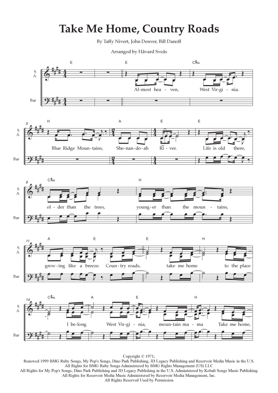 Take Me Home, Country Roads by John Denver 3-Part - Digital Sheet Music