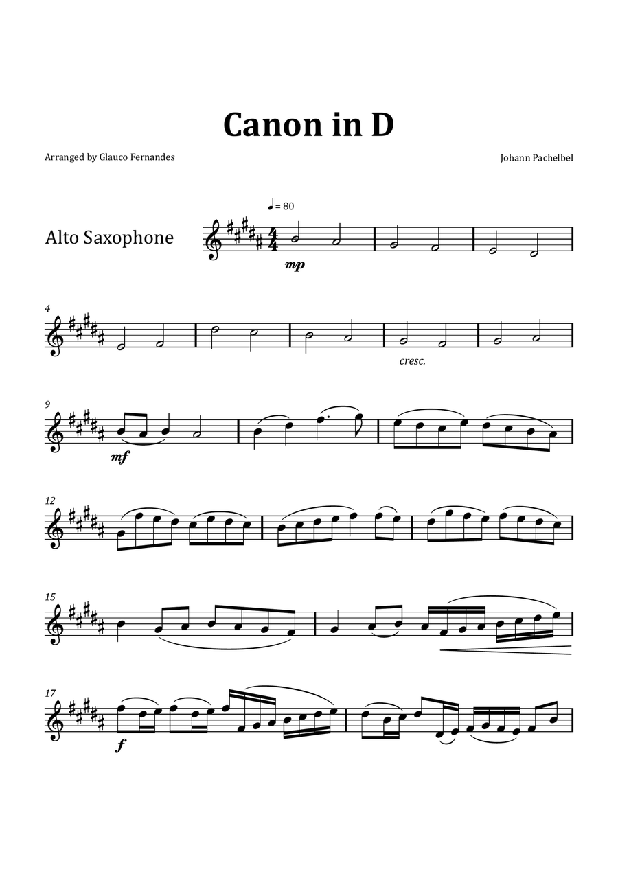 Canon by Pachelbel - Alto Saxophone Solo Chamber Music scores gallery preview page 1