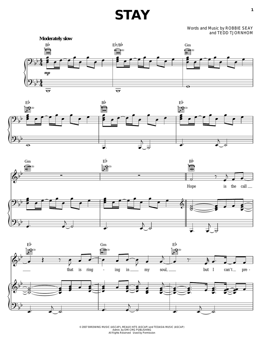 Stay Piano, Vocal, Guitar scores gallery preview page 1