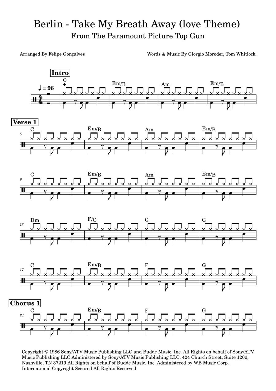 Take My Breath Away (Love Theme) Drum Set scores gallery preview page 1