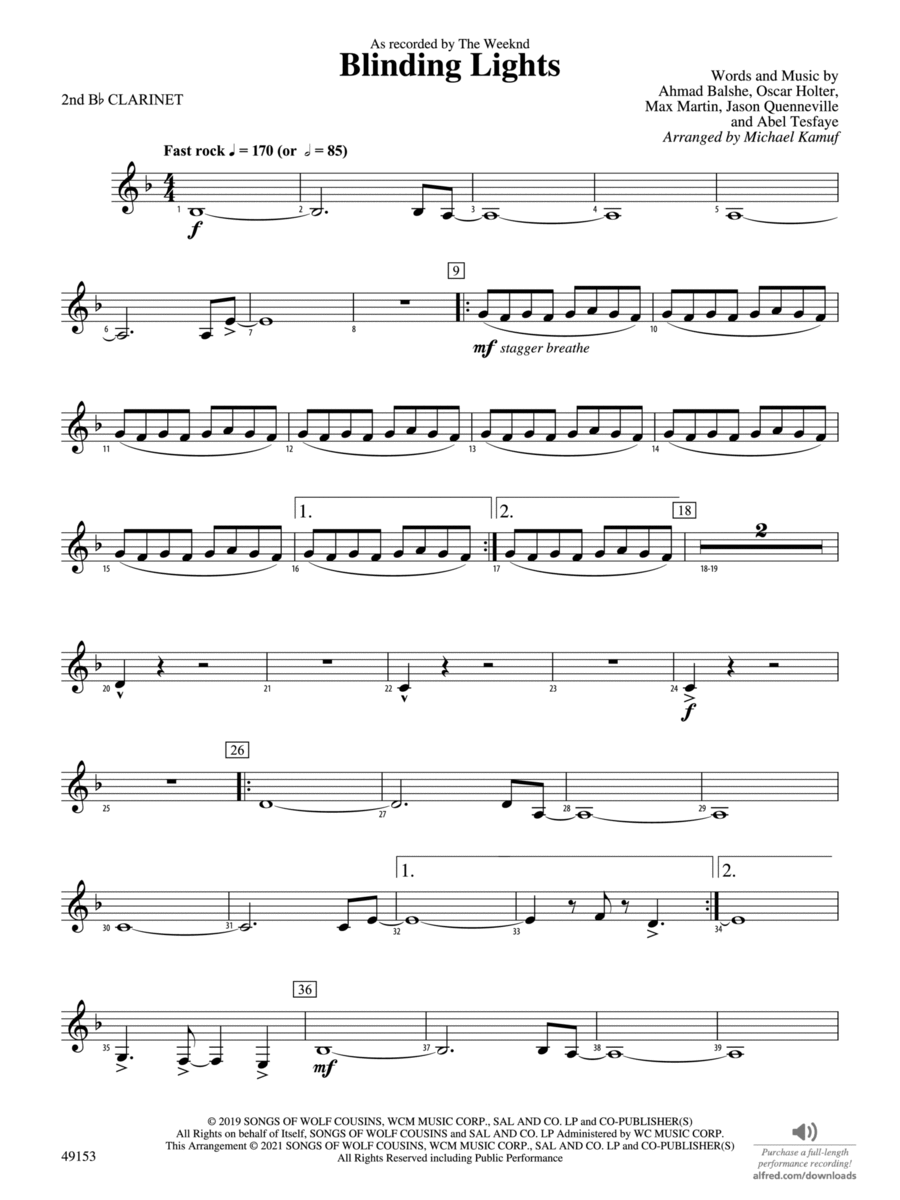 Blinding Lights: 2nd B-flat Clarinet Concert Band scores gallery preview page 1