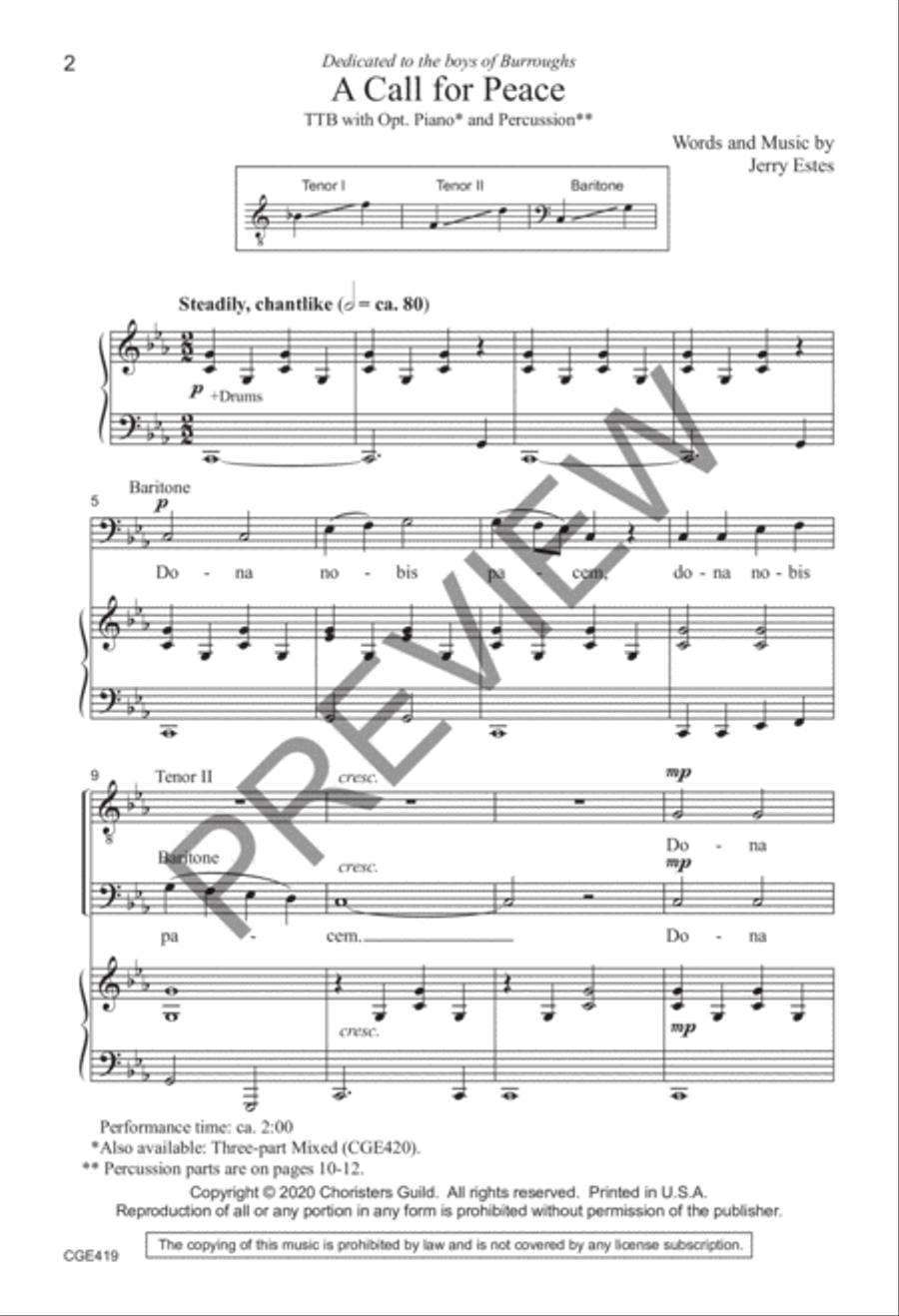 A Call for Peace (TTB opt. a capella with percussion) TTBB scores gallery preview page 2
