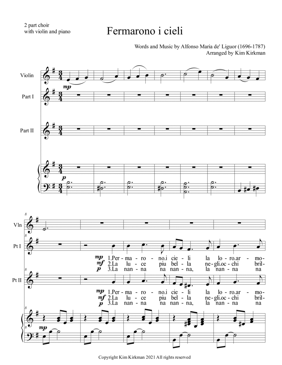 Fermarono i cieli - Italian Christmas carol for two part choir and violin and piano image number null