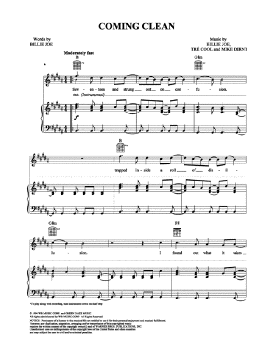 Coming Clean Coming Clean Piano, Vocal, Guitar scores gallery preview page 1