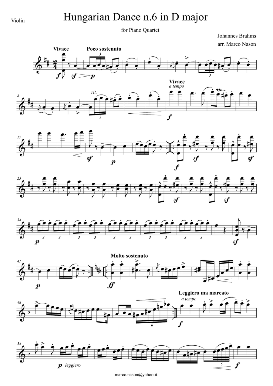Brahms - Hungarian Dance n.6 in D major for Piano Quartet Piano Quartet scores gallery preview page 1