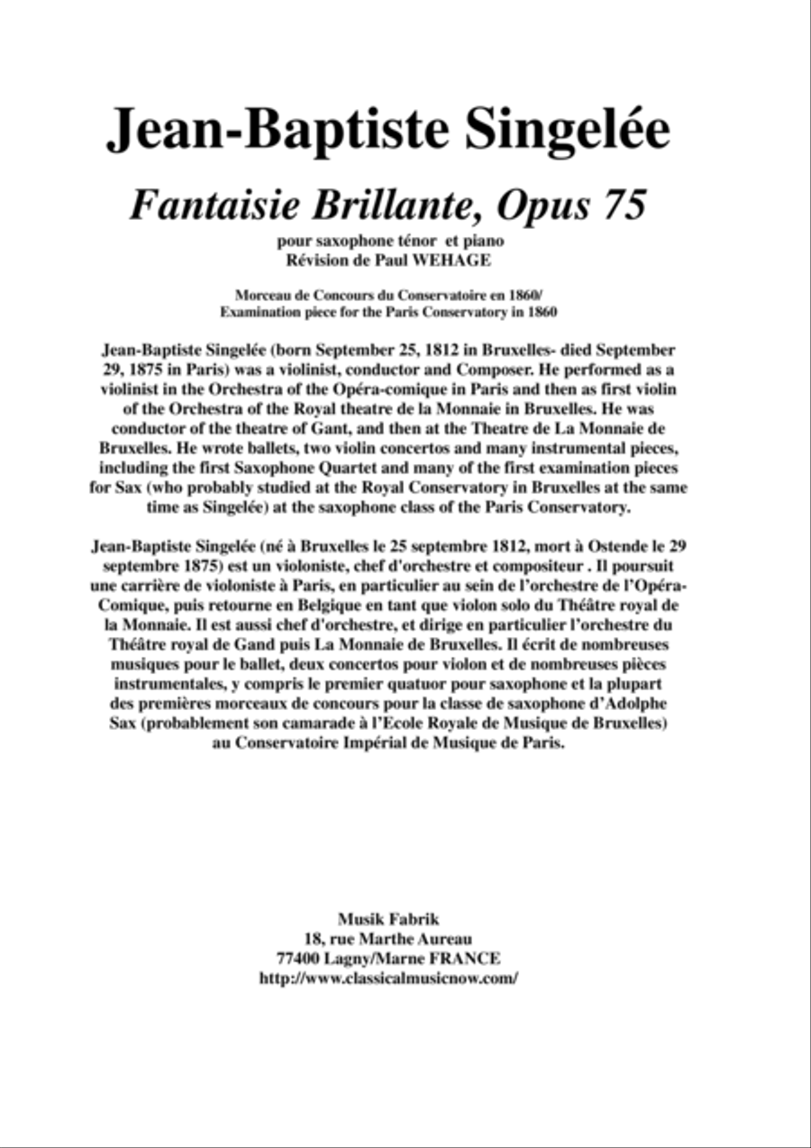 Jean-Baptiste Singelée: Fantaisie Brillante, Opus 75 pour saxophone ténor et piano Piano scores gallery preview page 1