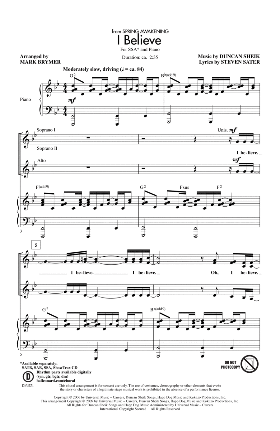 I Believe (from Spring Awakening) SSA scores gallery preview page 1