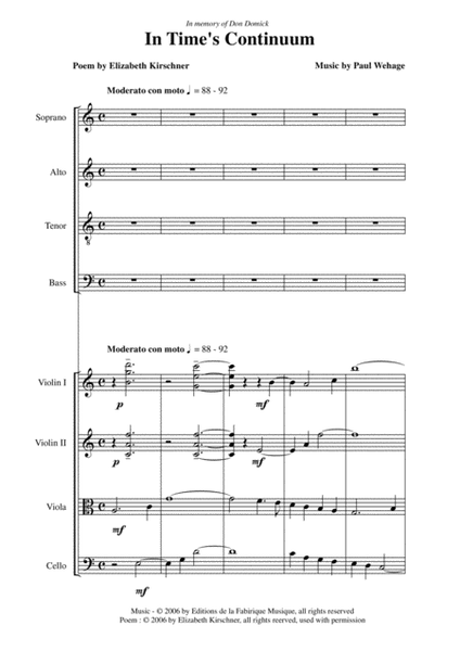 Paul Wehage: In Time's Continuum for SATB chorus and string quartet, score and string quartet parts