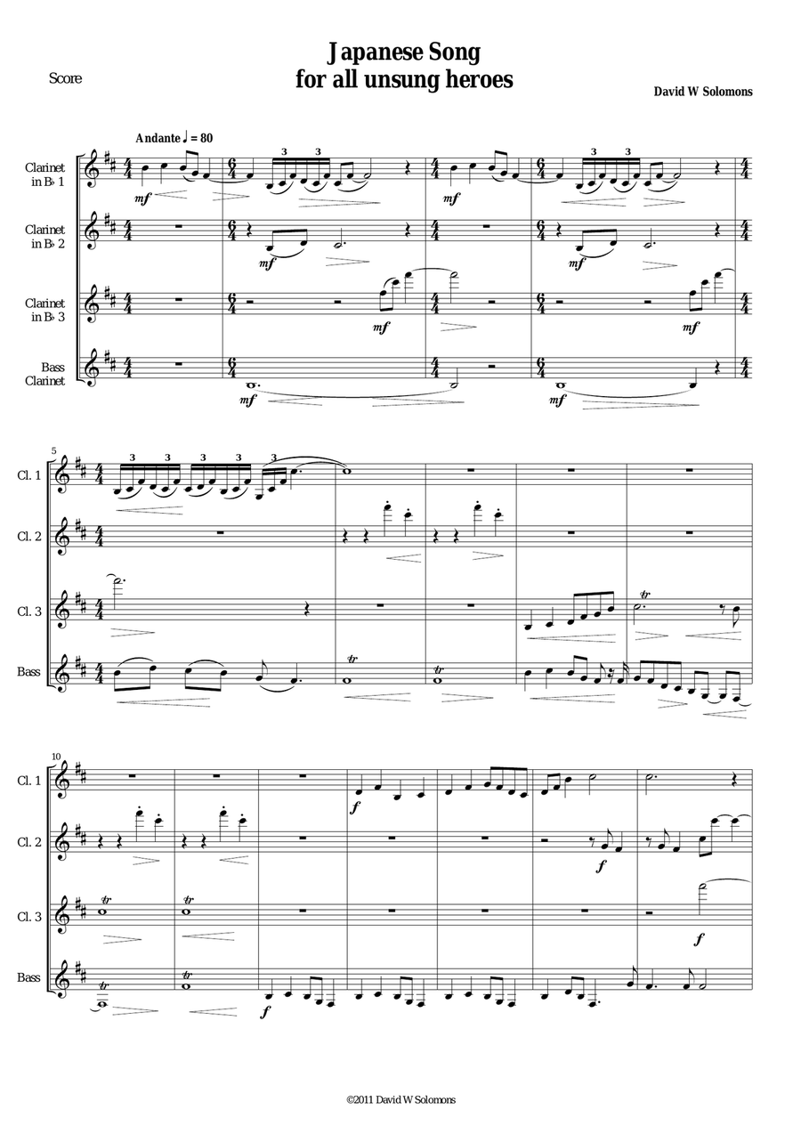 Japanese Song (for unsung heroes) clarinet quartet Clarinet Quartet scores gallery preview page 1
