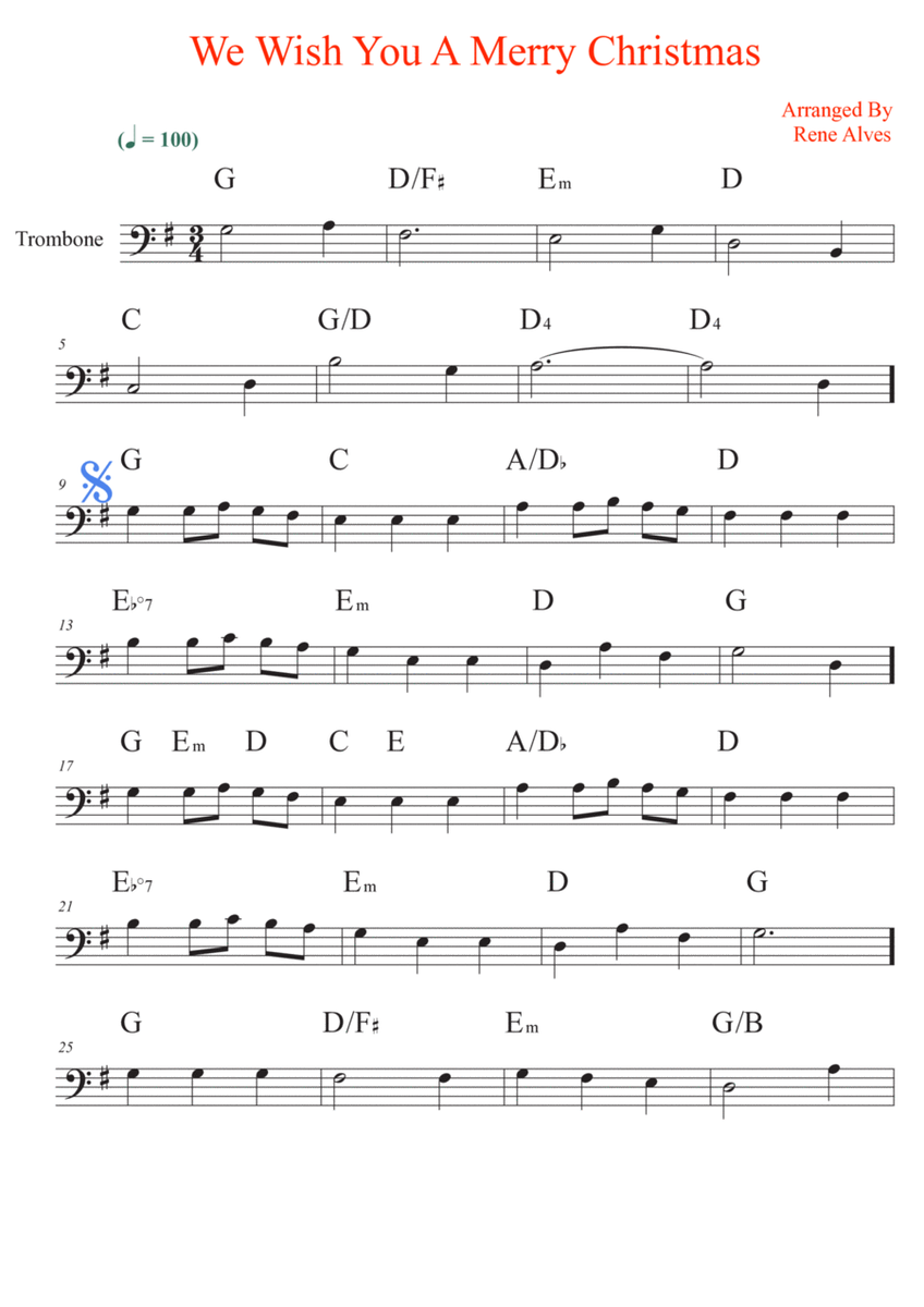 We Wish You A Merry Christmas, sheet music and trombone melody for the beginning musician (easy). image number null
