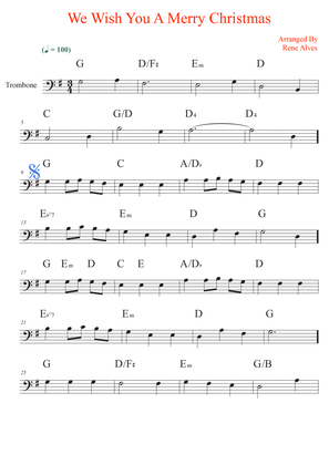 We Wish You A Merry Christmas, sheet music and trombone melody for the beginning musician (easy).