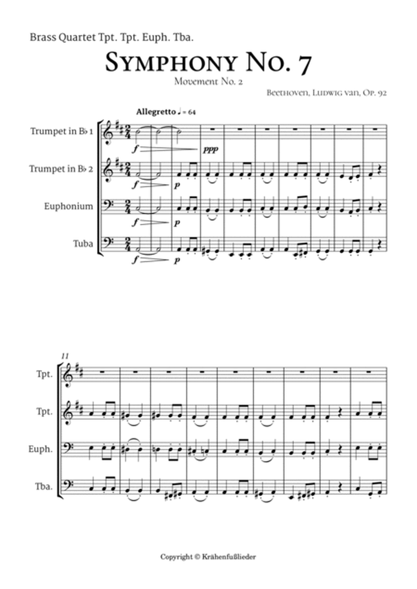 Beethoven Symphony 7 Movement 2 Allegretto for Brass Quartet 2 Trumpet Euphonium Tuba image number null